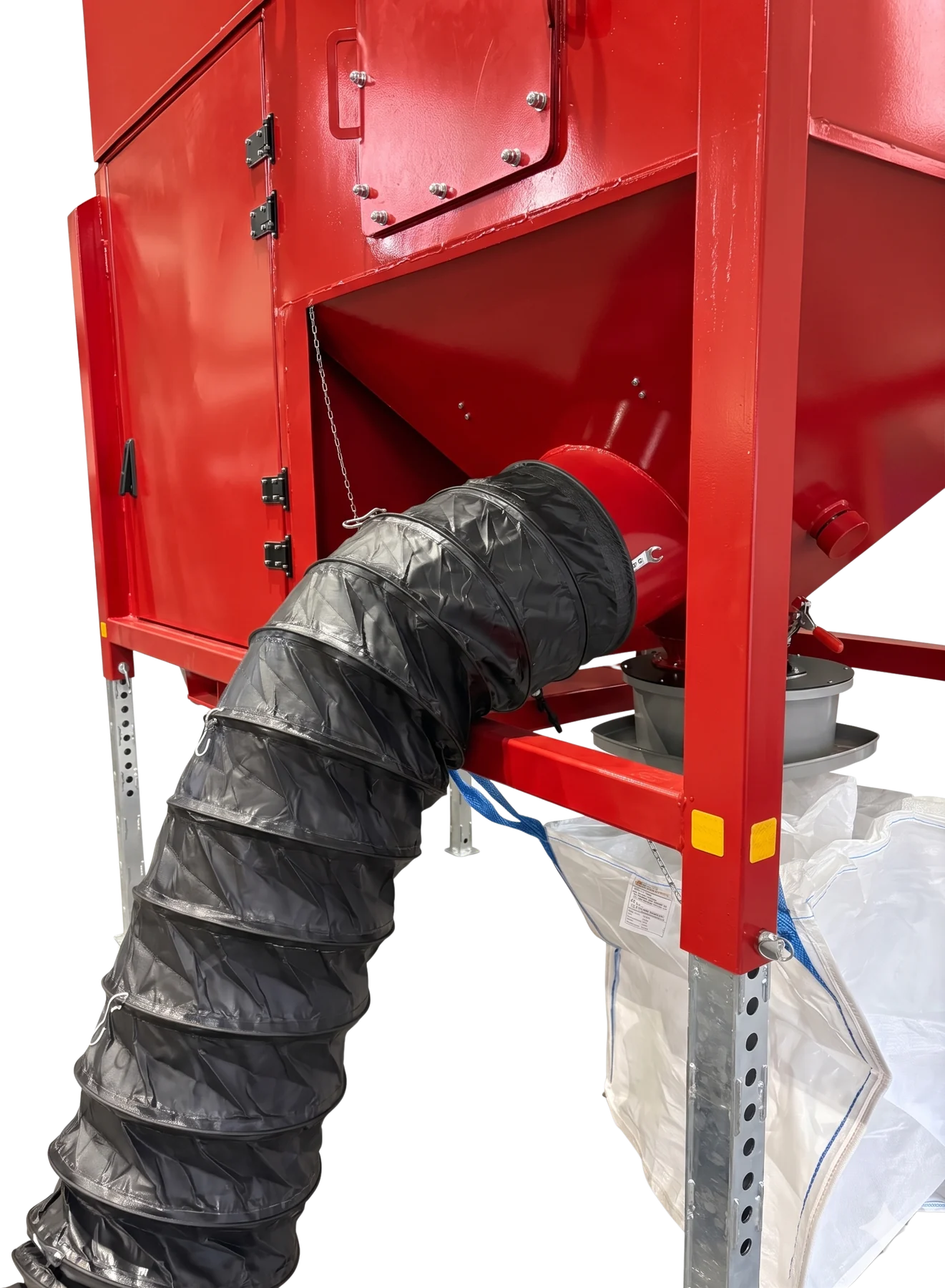 Austragstrichter einer mobilen Entstaubungsanlage mit flexiblem Luttenschlauch zur Big-Bag-Station