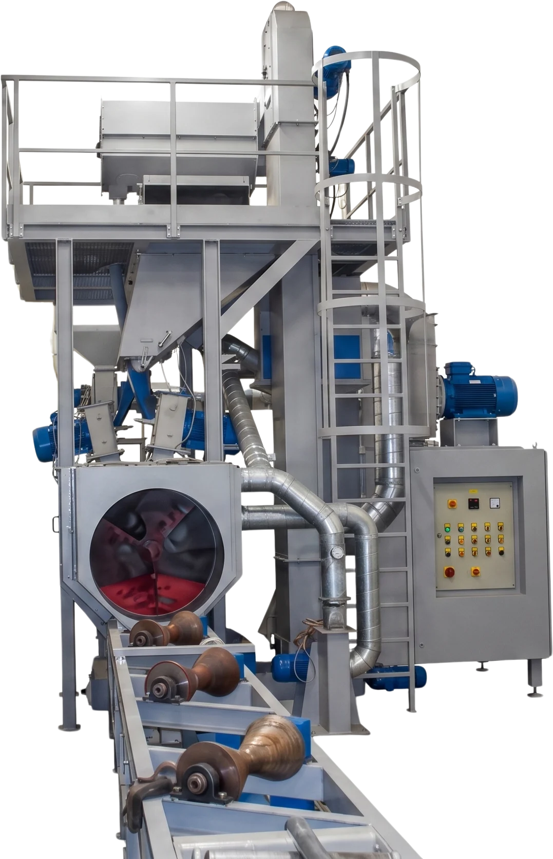 Automatische Durchlaufstrahlanlage für Rohrmaterial, mit Schleuderradgehäuse und Förderrollen