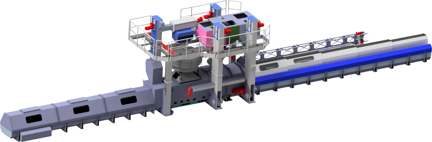 Sondermaschine: lange Shot-Peening-Anlage mit Bühne und Förderstrecke